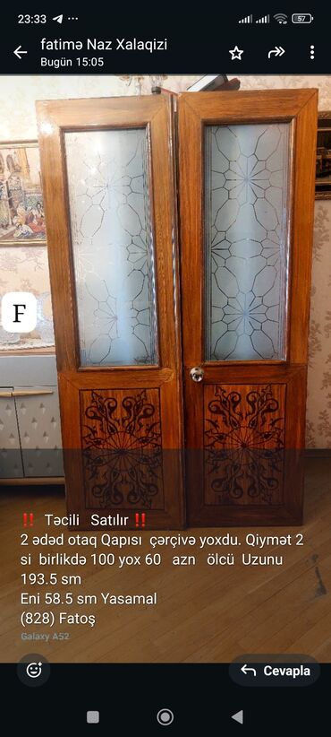 taxta arakesmeler: İki ədəd otaq qapısı - Material: taxta karkas, şüşəli panellər -