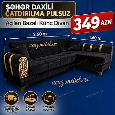 Açılan bazalı künc divan - Ölçülər: uzun hissə 2,60 m, künc hissə