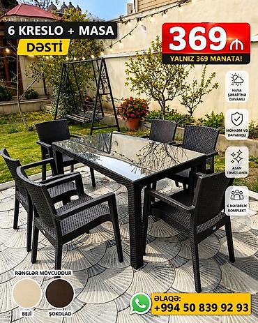 heyet evleri satilir: 6 kreslo + masa dəsti - 6 nəfərlik bağ/terras dəsti: şüşə səthli — 1