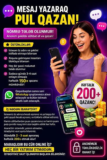 Работа: Xanımlar,Online yazışma yayıncı işi təklif olunur. İş telefondan — 1