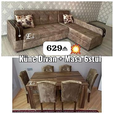 masa və stullar: Künc divan + masa və 6 stul dəsti - Künc divan: L-formalı, yumşaq — 1