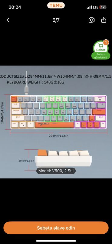 Noutbuklar üçün örtük və çantalar: 🔴 V500 Mechanical Keyboard – Red Switch 🔹 Qırmızı switch – səssiz və