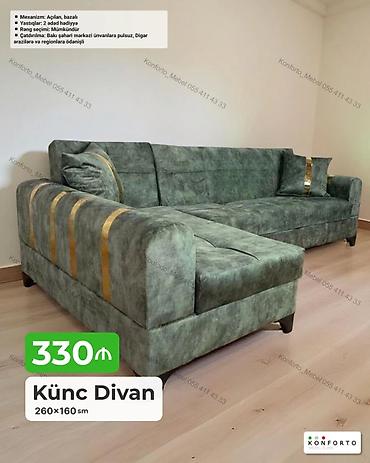 Divanlar: Künc divan – 260×160 sm - Mexanizm: açılan, bazalı (yataq funksiyalı — 1