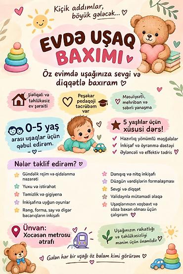 Evdə uşaq baxımı – Xocəsən metrosu yaxınlığı Öz evimdə 0–5 yaş arası