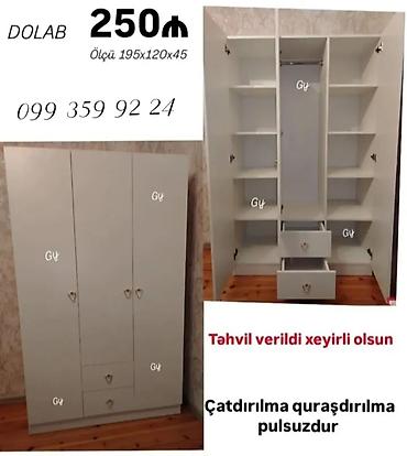 Dolablar: Ağ rəngli 3 qapılı geyim dolabı. Ölçü: 195×120×45 sm. Daxili planlama — 1