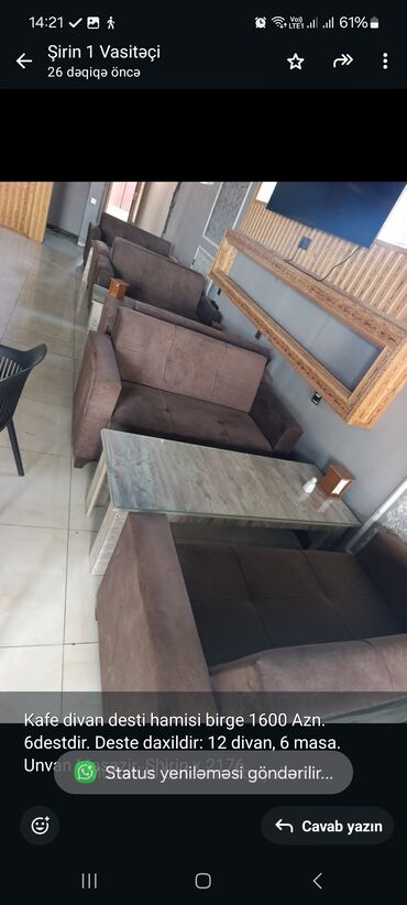 Qonaq otağı dəstləri: Kafe divan desti hamisi birge 1600 Azn. 6destdir. Deste daxildir: 12