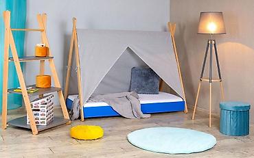 kofercic za devojcice: Krevet sa nadstrešnicom i dušekom 160x80 cm – Tipi, svetlo plavi — 1