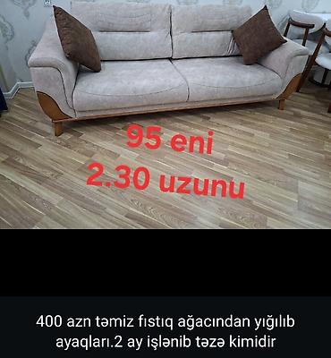 ağac: Divan – 3 nəfərlik, neytral bej parça üzlük, taxta dekorlu yan — 1