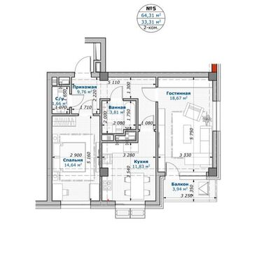 недостроенные дома в бишкеке: 2 комнаты, 65 м², Элитка, 5 этаж, ПСО (под самоотделку)