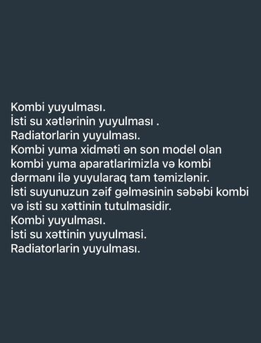 telefon təmir: Kombi yuyulması. İsti su xətlərinin yuyulması . Radiatorlarin