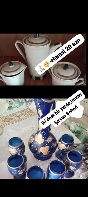 karaca qablar: İki dəst qab dəsti birlikdə. 1) Ağ keramik çay/qəhvə dəsti: -