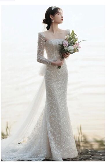 девичник фата: Свадебное платье, M, Со шлейфом, Фатин, Русалка, Кружево, Новый