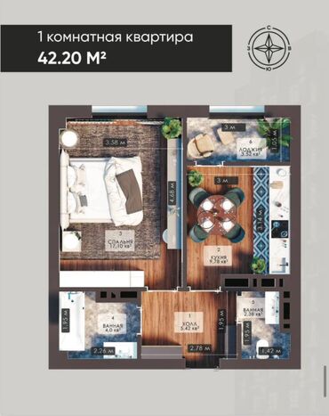 Продажа квартир: 1 комната, 42 м², Элитка, 8 этаж, ПСО (под самоотделку)