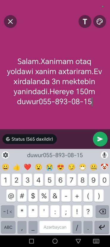 Bitkilər: Otaq yoldawi axtariram Tecili,Unvan Xirdalan 3n mektebin yani