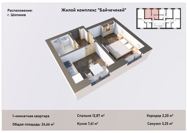 черемушка квартира: Элитка, 1 бөлмө, 24 кв. м