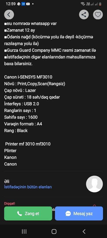 printer boyası: Canon sensys mf 3010 super veziyyetdedi 2 barabani var 1 arginald 3