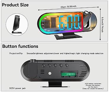 саат: Проекционные настольные часы с зеркальным дисплеем и RGB‑подсветкой - — 3