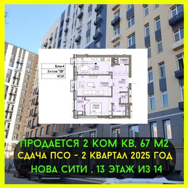 Продажа домов: 2 комнаты, 67 м², Элитка, 13 этаж, ПСО (под самоотделку)