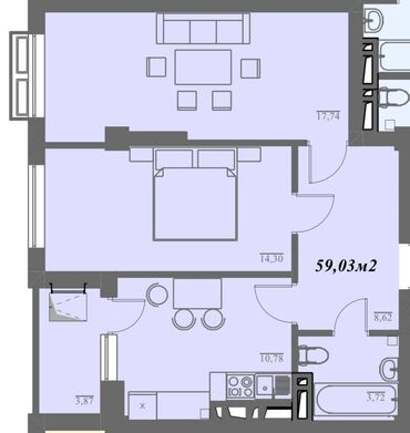 кут строительная компания: 2 комнаты, 59 м², Элитка, 8 этаж, ПСО (под самоотделку)