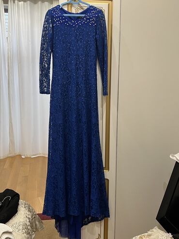 темно синее вечернее платье: Вечернее платье, Русалка, Длинная модель, С рукавами, Шлейф, M (EU 38), L (EU 40)