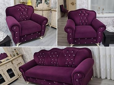 Bənövşəyi rəngli dəst: 1 divan + 2 kreslo - Material: yumşaq, məxməri