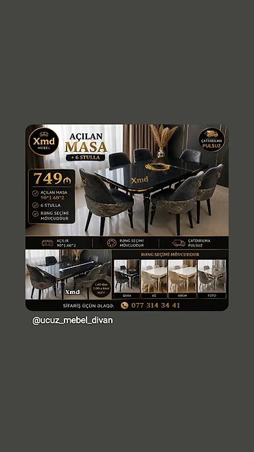 boyama seti: MDF boyalı yemək masası dəsti – 6 stul ilə - Masa ölçüsü: 1×2 m - — 6