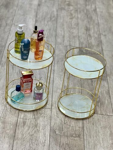 Rəflər, etajerkalar: Qızılı metal karkaslı mərmər naxışlı 2 və 3 mərtəbəli — 2