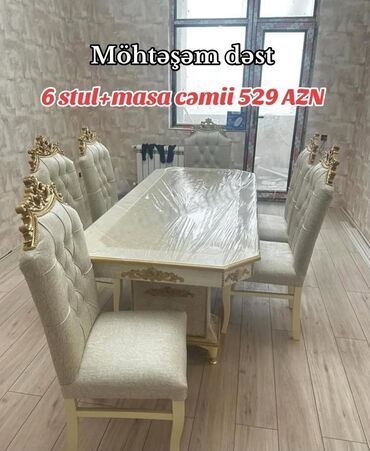 Masa və oturacaq dəstləri: Qonaq otağı üçün, Yeni, Açılmayan, Dördbucaq masa, 6 stul