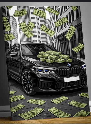 набор ключей бу: Картина на холсте “Черный Bmw и деньги” - Сюжет: стильная иллюстрация