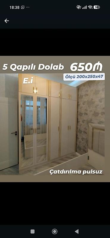 5 qapılı dolab - Ölçü: 200 x 250 x 47 sm - Model: ağ rəngdə, qızılı