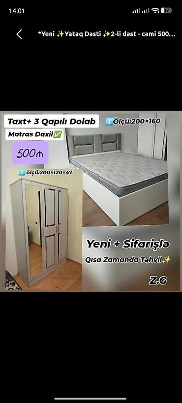 dos eti: Yataq Dəsti – Taxt + 3 qapılı dolab - Taxtın ölçüsü: 200×160 - Dolabın — 1