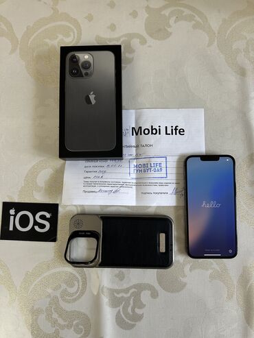 токмок бу телефон: IPhone 13 Pro, Колдонулган, 256 ГБ, Graphite, Коргоочу айнек, Каптама, Кабель