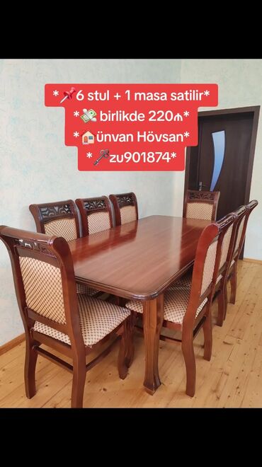 Stullar: *📌6 stul + 1 masa satilir* *💸 birlikde 220₼* *🏠ünvan Hövsan*