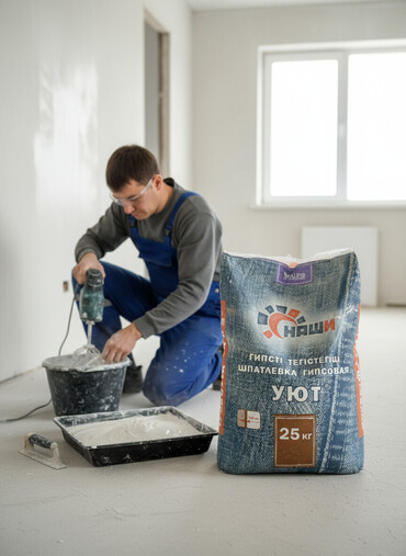 шпатлевка для стен цена: Гипсовая шпаклевка "Уют" от компании "Наши" в мешке 25 кг. Подходит
