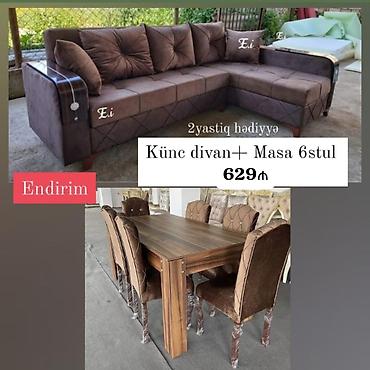 masa və stullar: Künc divan + masa və 6 stul dəsti - Dəst tərkibi: L formalı künc — 1