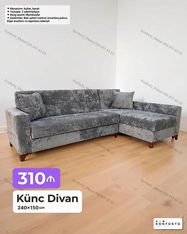 Mebel: Künc divan – 240×150 sm - Mexanizm: açılan, bazalı (yataq funksiyalı — 1