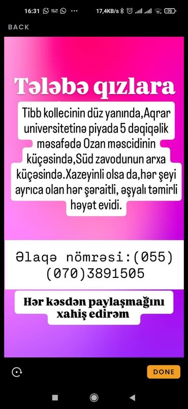 Otaqların uzunmüddətli kirayəsi: Tələbə qızlara kirayə şəraitli əşyalı hər şəraitli həyət evi .Geniş — 15