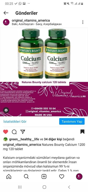 Vitaminlər və BAƏ - Masazır: Natures Bounty Calcium 1200 mg 120 tabletKalsium orqanizmdəki