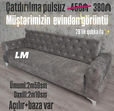divanlar qiymetleri: Boz rəngli yumşaq parça üzlü divan. - Ölçülər: ümumi 2 m 50 sm — 1