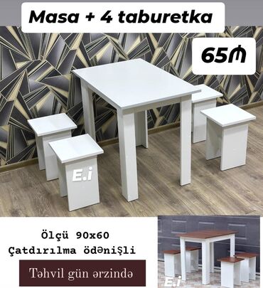 Masalar: Mətbəx üçün, Yeni, Dördbucaq masa, 4 stul