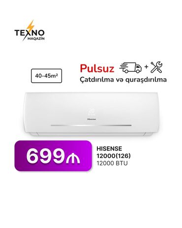 Kondisionerlər: Kondisioner Hisense, 40-45 kv. m, Split sistem, Pulsuz quraşdırılma