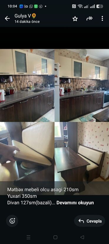 Divanlar: Mətbəx mebeli olcu asagi 210sm Yuxari 350sm Divan 127sm(bazali) Masa