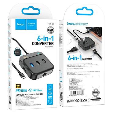 tab s10: HOCO HB37 Easy Link 6-in-1 Type-C Hub 4K RJ45 PD100W Adapter Type-C — 1