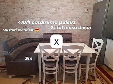 Mətbəx dəsti – L‑formal künc divanı, 2 ədəd stul və açıq rəngli