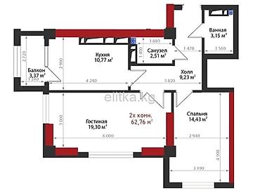 Продажа квартир: 2 комнаты, 59 м², Элитка, 6 этаж, ПСО (под самоотделку) — 2