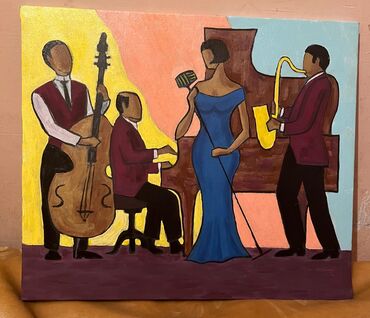 бас гитара 6 струн: Rəsm əsəri – “Caz ansamblı” - Texnika: akril boya - Osnova: kətan