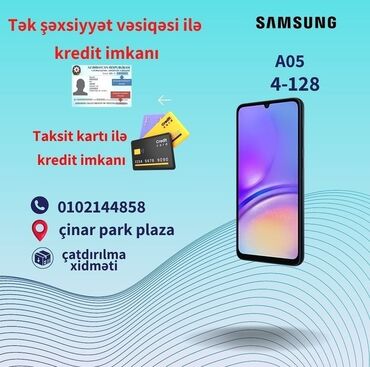 kreditle telefon: Samsung Galaxy A05, 128 ГБ, цвет - Черный, Отпечаток пальца, Face ID, Гарантия