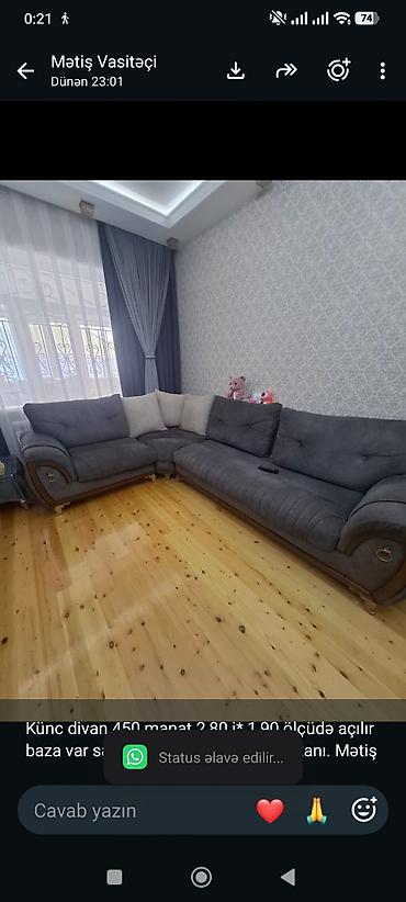 Divanlar: Künc divan 450 manat 2,80 i* 1,90 ölçüdə açılır baza var səliqəli — 1