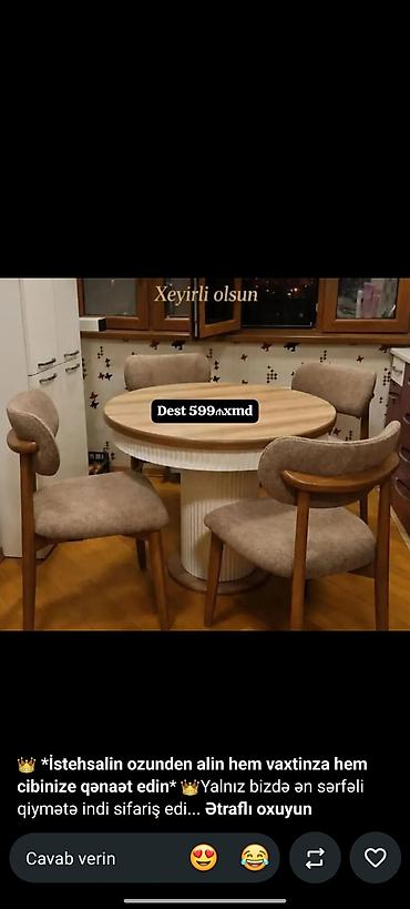 Yemək otağı üçün dairəvi masa və 4 ədəd stul dəsti - Masa: dairəvi