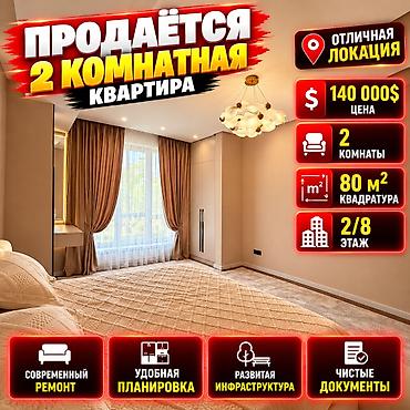 2 комнаты, 80 м², 11 мкр Элитка, 2 этаж, Евроремонт